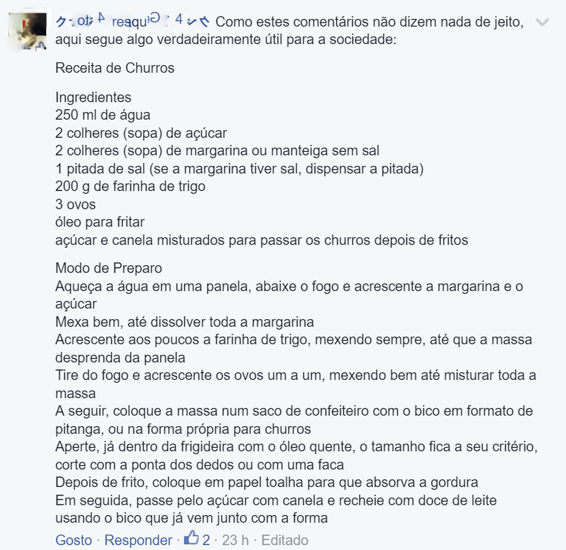 Comentário anti homofobia humor churros receita