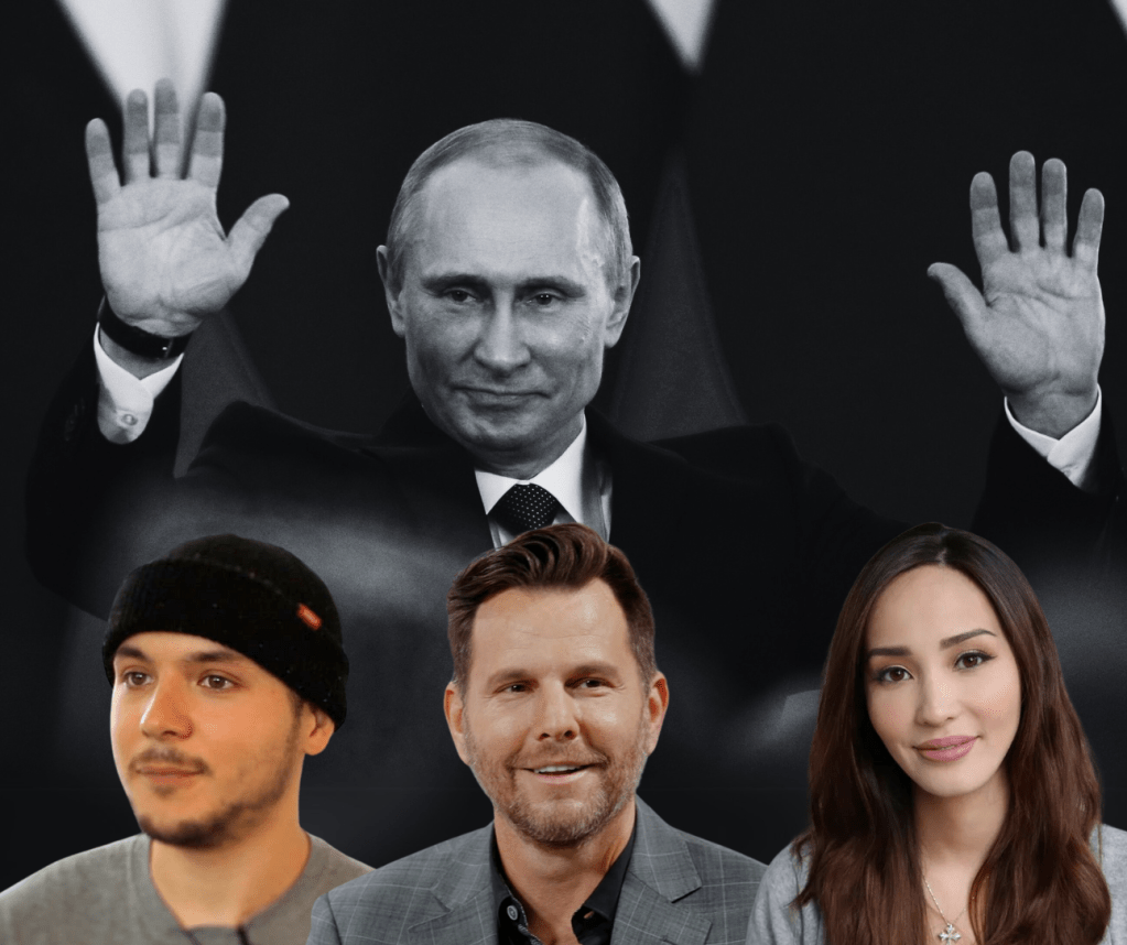 Rússia financiou propaganda anti-LGBTQ+ nos EUA e Canadá.

Vladimir Putin, Tim Pool, Dave Rubin e Lauren Chen na imagem.